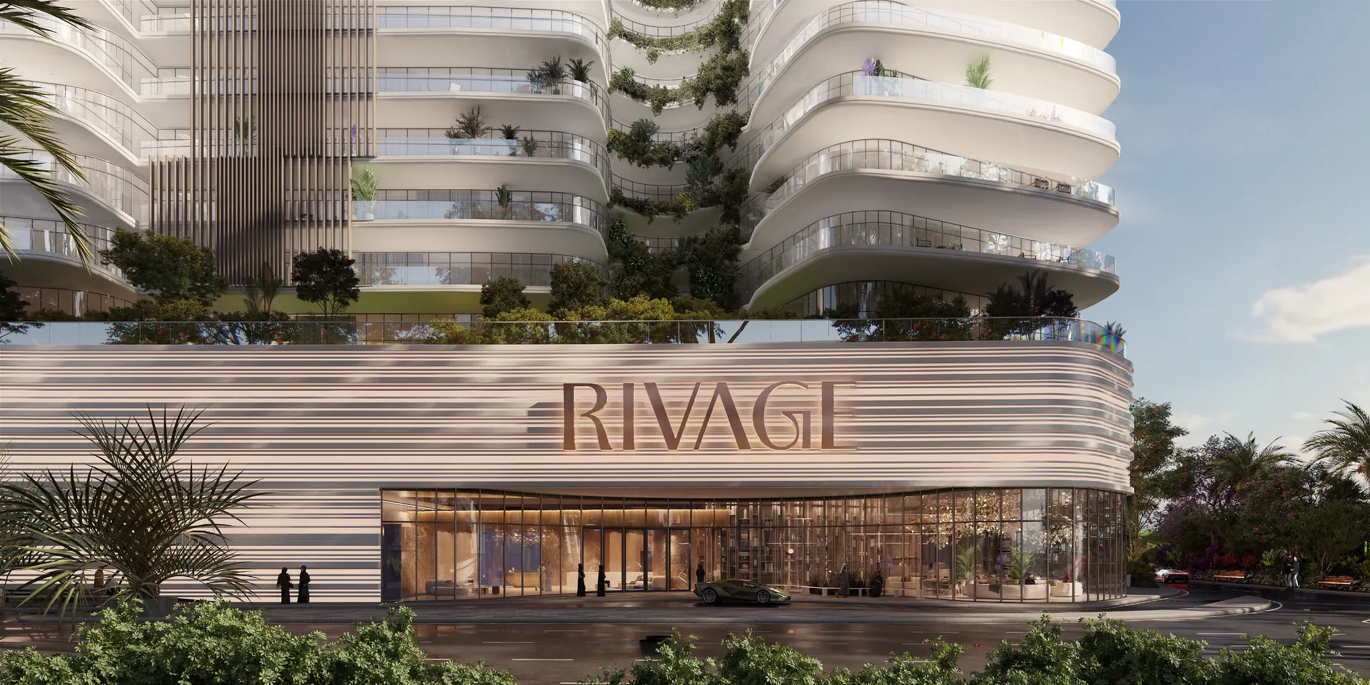 The Rivage arrival court and lobby entrance, developer render