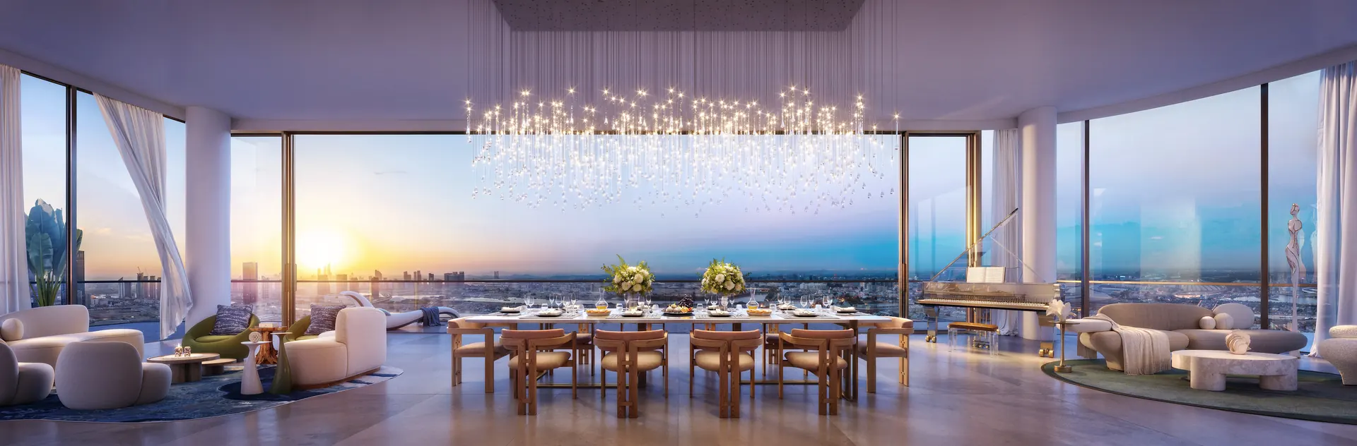 Sky Palace living room at sunset, developer render